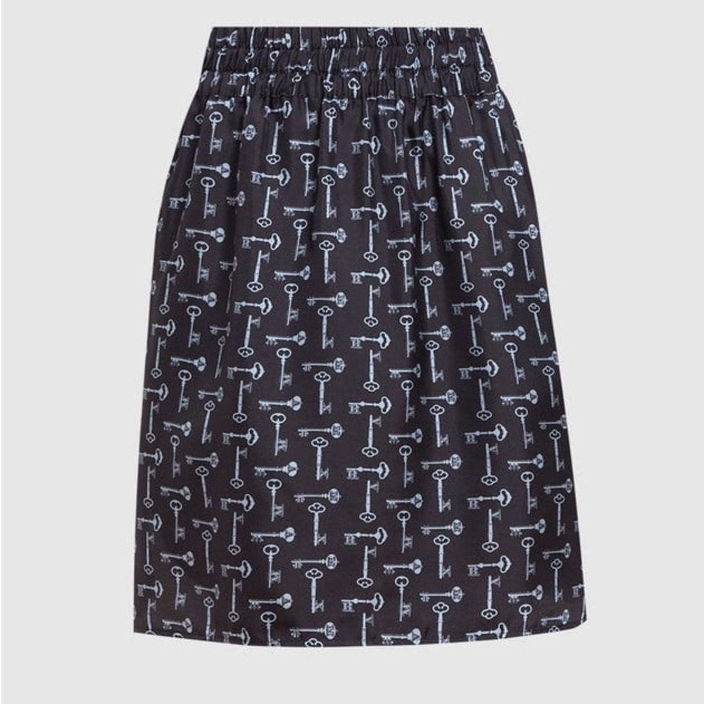 MaxMara 100%silk  Black and Gray Key Print A-Line Skirt